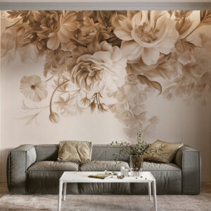 Carta da parati Composizione floreale vintage con rose, peonie e altri fiori dalla texture particolare con fogliame, su sfondo chiaro