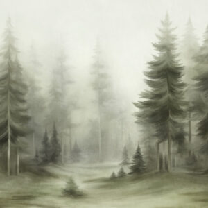 Carta da parati Una fitta foresta di alti pini avvolta da una leggera nebbia, un'opera d'arte paesaggistica ricca di texture