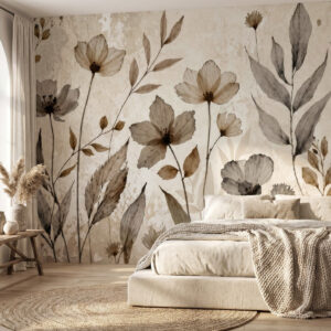 Carta da parati Delicati fiori di campo dipinti ad acquerello in una delicata palette di colori beige e crema