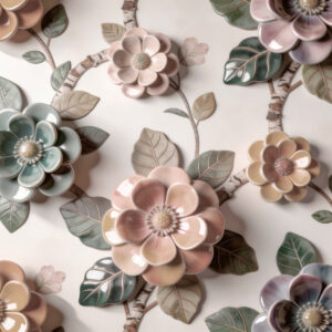 Carta da parati Fiori tridimensionali in ceramica in una delicata gamma di colori pastello