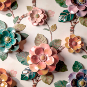 Carta da parati Fiori e foglie in ceramica tridimensionali in una vivace gamma di colori