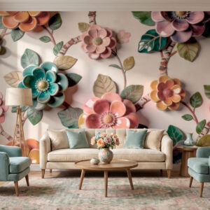 Carta da parati Fiori e foglie in ceramica tridimensionali in una vivace gamma di colori