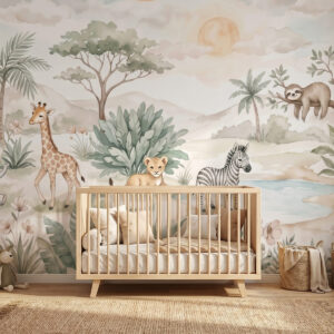 Carta da parati Scena di safari dipinta ad acquerello con animali in delicati toni pastello, raffigurante una giraffa, un elefantino, una zebra e un cucciolo di leone