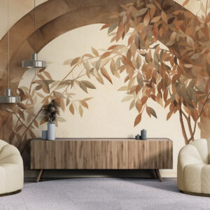 Carta da parati Un arco con un paesaggio, alberi e fogliame dai tenui colori autunnali, opera d'arte con texture
