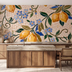 Carta da parati Composizione decorativa dai colori vivaci in stile mosaico ceramico con limoni succosi, fiori, foglie e rami