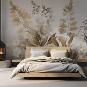 Carta da parati Arte botanica con texture, varie piante e foglie nei toni del marrone e del beige