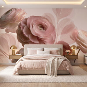 Carta da parati Fiori di ranuncolo voluminosi, di colore rosa cipria, con petali traslucidi nei toni tenui del rosa e del beige