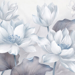 Carta da parati Fiori di loto in rilievo con petali delicati e grandi foglie di un blu tenue